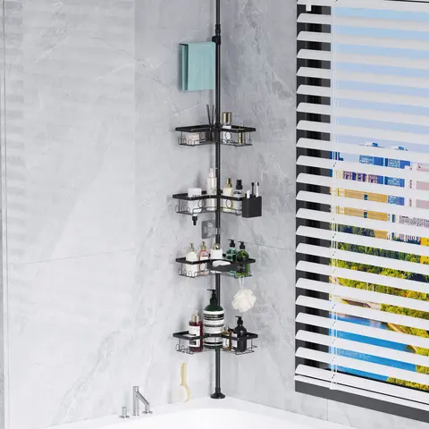 4-Tier Corner Shower Caddy Tension Pole, Rustproof Bathroom Organizer Shelves with Towel Bar & Hooks, No Drilling Adjustable Height Shower Storage Rack for Bathtub, Toilet, Kitchen