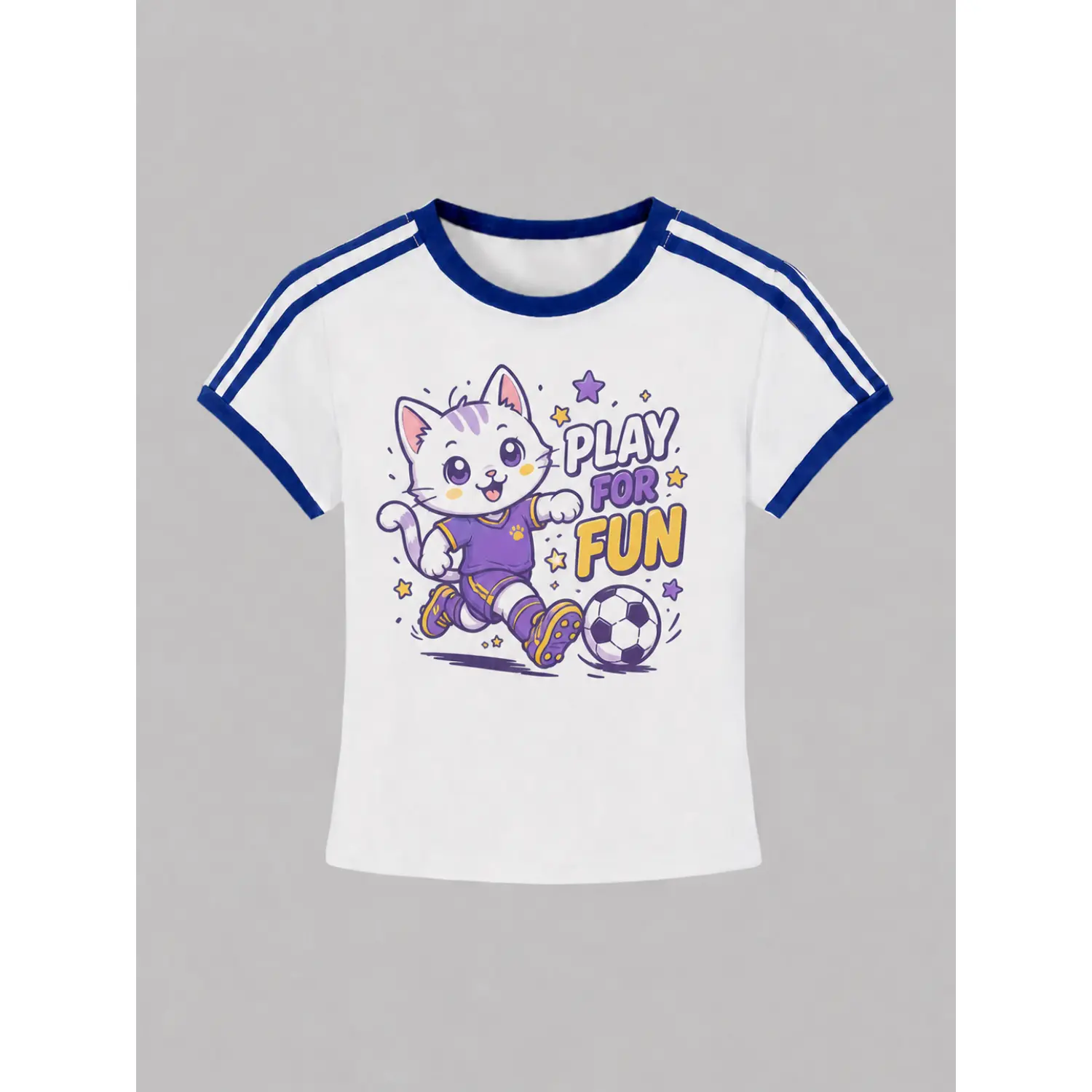 Women's White Soccer Jersey with Blue Trim and Playful Cat Graphic