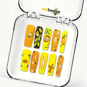 Honey Bee Floral Mid Square Press-On Nails (1.3 Inch),10pcs Handmade Honey Bee Mid Square Press-On Nails | 1.3 Inch Yellow Floral Honey Jar Nails | Reusable Cute Summer Fake Nails | Bee Lover Gift for Her