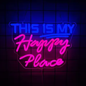 Neon Lights for Wall Decor - This Is My Happy Place Neon Signs for Teen Girls Bedroom Decor, Led Sign for Wall Decor, Nightstand Light,  Switch USB Power, Adhesive Hook Included