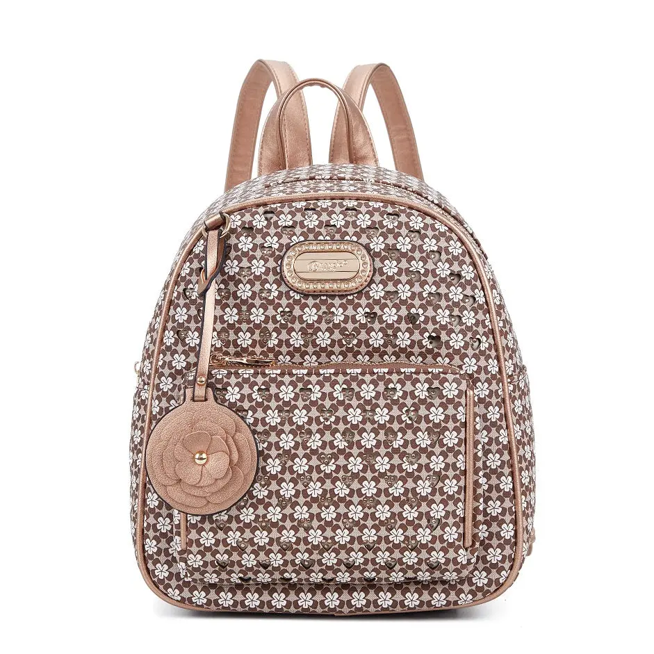 Brangio Italy Mini Backpack with Floral Print, Rose Gold Accents, Sparkly Details, Strap-Style Design - Flower Print, Girly Fun, Sparkly, Strap-Style Backpacks, Flower Print Backpacks