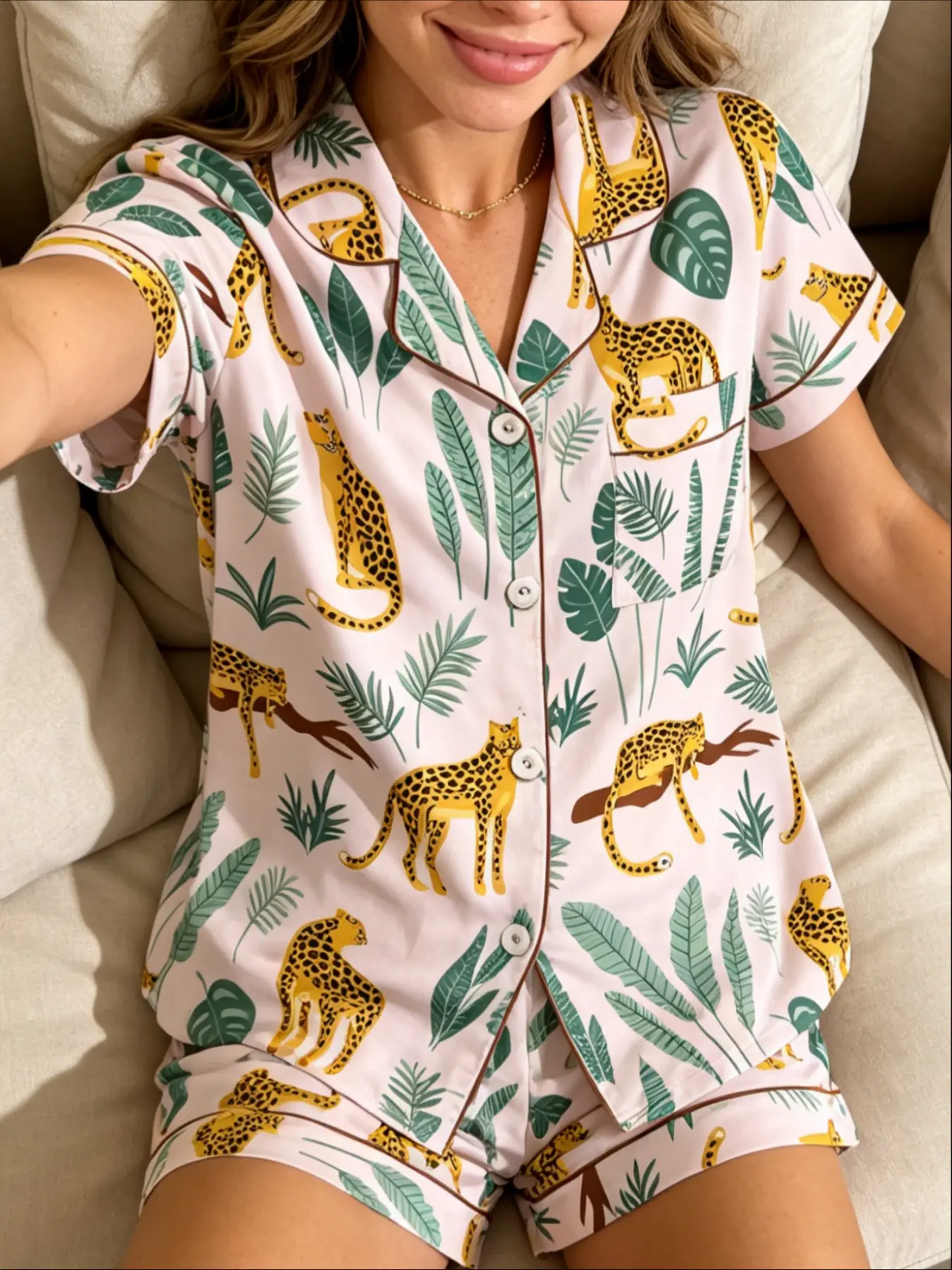 Women's Pajamas Set Boho Chic Aesthetic Tropical Vibes Cheetah Lover Yellow Cheetah Tropical Leaf Print Button Down Short Sleeve Silky Milk Silk Soft Relaxed Fit 2 Piece Chic Nightwear Loungewear Set for Women