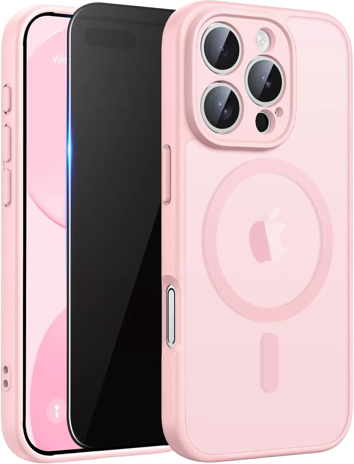 Magnetic Translucent Matte Case with Privacy Glass Shield for iPhone 16 Pro Max - MagSafe-Compatible, Anti-Drop Military Grade, Shatterproof Tempered Glass Screen Protector (Pink)