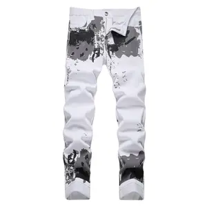 Jeans For Men White Denim Pants Streetwear Casual Comfort Birthday Outfits Mid Waist Black And Grey Printed Trousers Summer Clothes