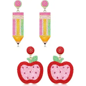 2/3Pairs Teacher Earrings for Women Beaded Pencil Dangle Earrings Statement Apple Book Drop Earrings Teacher Appreciation Gifts Back To School Jewelry Set