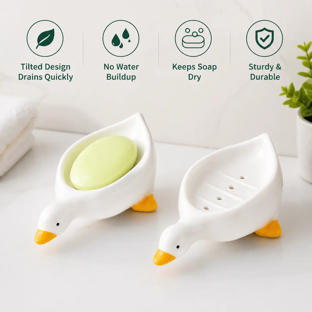 Ceramic Cartoon Duck Standing Soap Dish - 1 Count, Tilted Draining Open Design, Bathroom Household Organiser for Sink Countertop Soap Storage & Decoration