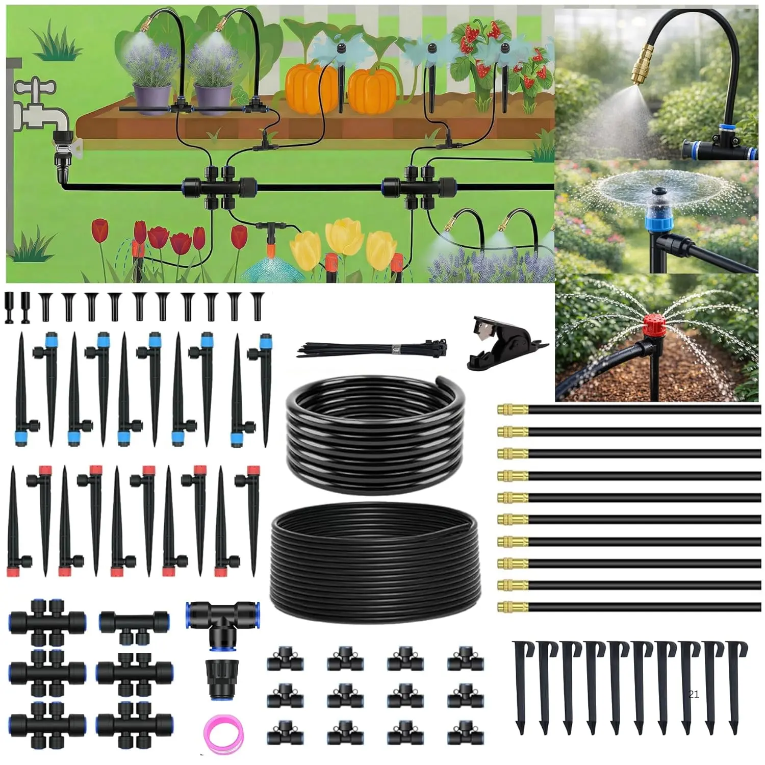 240FT Drip Irrigation System for Garden 1/2" Quick Connect PE Tubing Automatic Water Sprinkler Kit Adjustable Misting 1/4" Watering Hose for Outdoor Raised Bed Plants Flower Yard Greenhouse