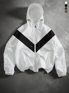 Men’s Lightweight Windbreaker Varsity Jacket made from thin, wrinkle-resistant fabric featuring a color-block design, hood with drawstring, zippered chest pocket, street-style functional look, suitable for everyday wear, casual outings, and commuting.