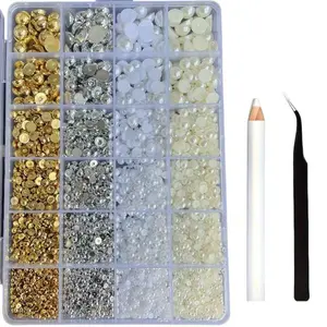 24-grid Nail Art Decoration Kit, Multi-size Flat Back Pearls with Tweezers, Professional Nail Art Decoration Kit for Women & Girls