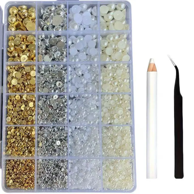 24-grid Nail Art Decoration Kit, Multi-size Flat Back Pearls with Tweezers, Professional Nail Art Decoration Kit for Women & Girls, Nail Art Design, Nail Art Supplies