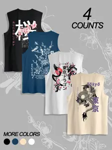 Men's 4-Piece Set Tokyo Plant Graphic Pattern Print Round Neck Sleeveless T-Shirt, Casual Comfortable Top for Summer Outdoor Fitness Wear