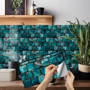 6/12/24/48 PCS Vintage FG Tile Stickers, Deep Sea Blue Iridescent Mosaic, PVC Crystal Film, Peel & Stick Backsplash, Waterproof Oil-Proof DIY Self-Adhesive Wall Decor