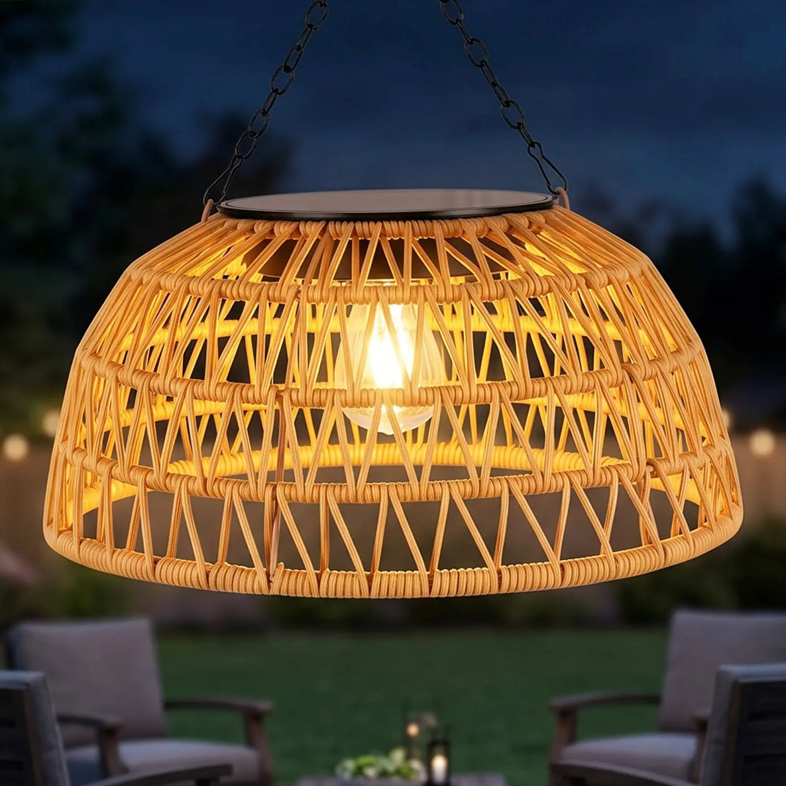 Solar Outdoor Pendant Light, 12 Inch Rattan Hanging Lamp, IP44 Waterproof Patio Gazebo Light, 35.4 Inch Adjustable Chain, USB And Solar Charging, Rustic Boho Porch Pergola Light