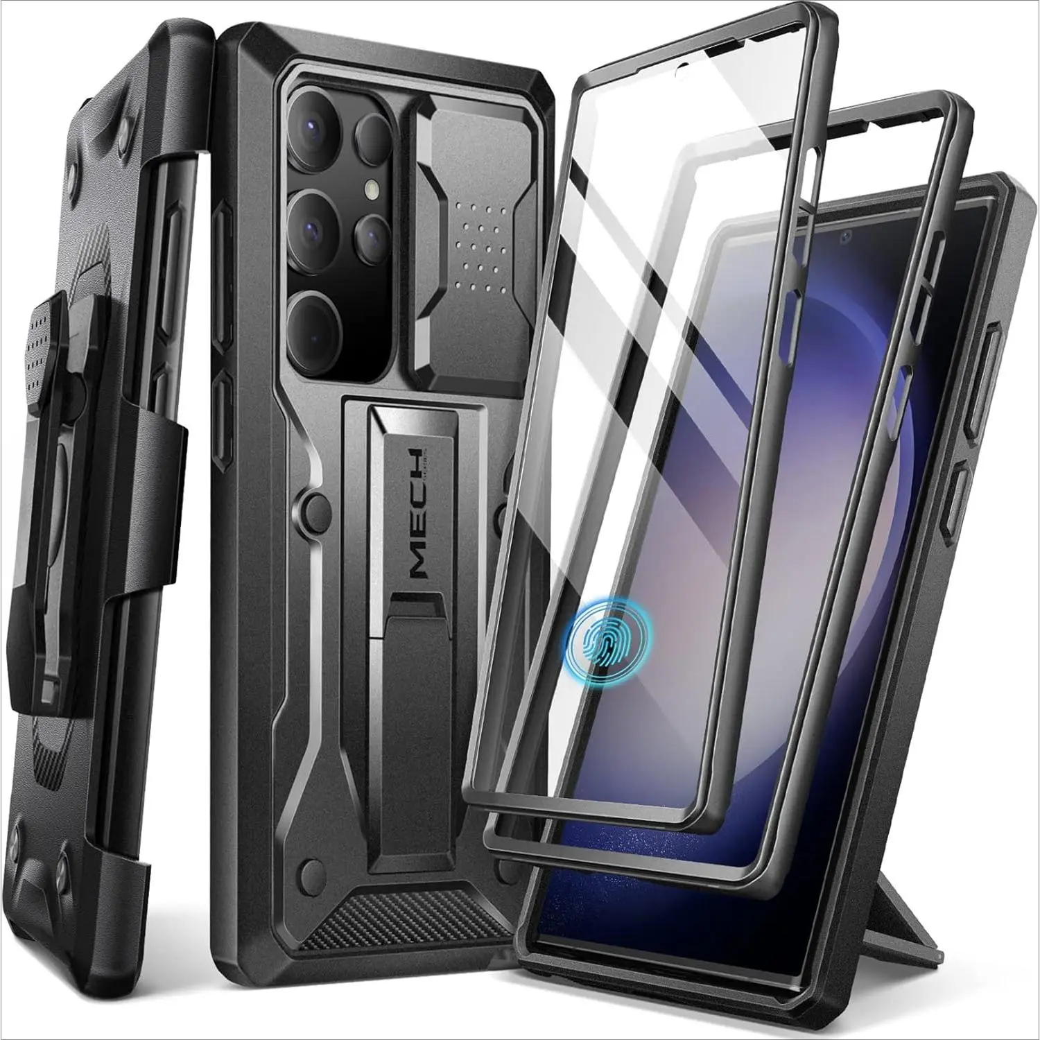 F-PCS05 Smartphone Case for Samsung Galaxy S23 Ultra 6.8" Black - Built-in Slide Camera Cover, Screen Protector, 2 Front Frames, Military Grade Shockproof, Handheld Holder, Cellphone Kickstand, Belt-Clip, Landscape View Support