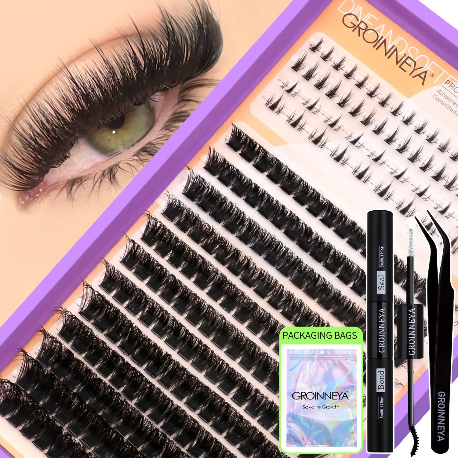 GROINNEYA 16 Rows Individual Lashes With 4 Rows Bottom Lash Clusters 10-18mm Mix Length Cluster Lashes,Synthetic Manga Anime Volume False Eyelashes Lightweight,Tail Elongated Eyelashes,Eyelash Extension Makeup Set,Diy False Eyelashes