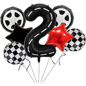 Race Car Birthday Balloons Decorations, 40 Inch Racetrack Black Number 2 Balloon, Large Mylar Black 2 Balloon for 2st Birthday Race Car Theme Party Decor Supplies 7 Pcs