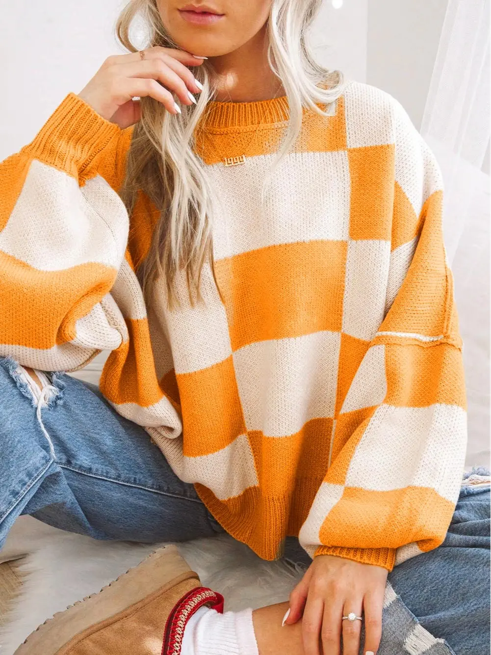 Women's Oversized Checkerboard Sweater Casual Long Sleeve Crew Neck Knit Pullover Fall Transition Top