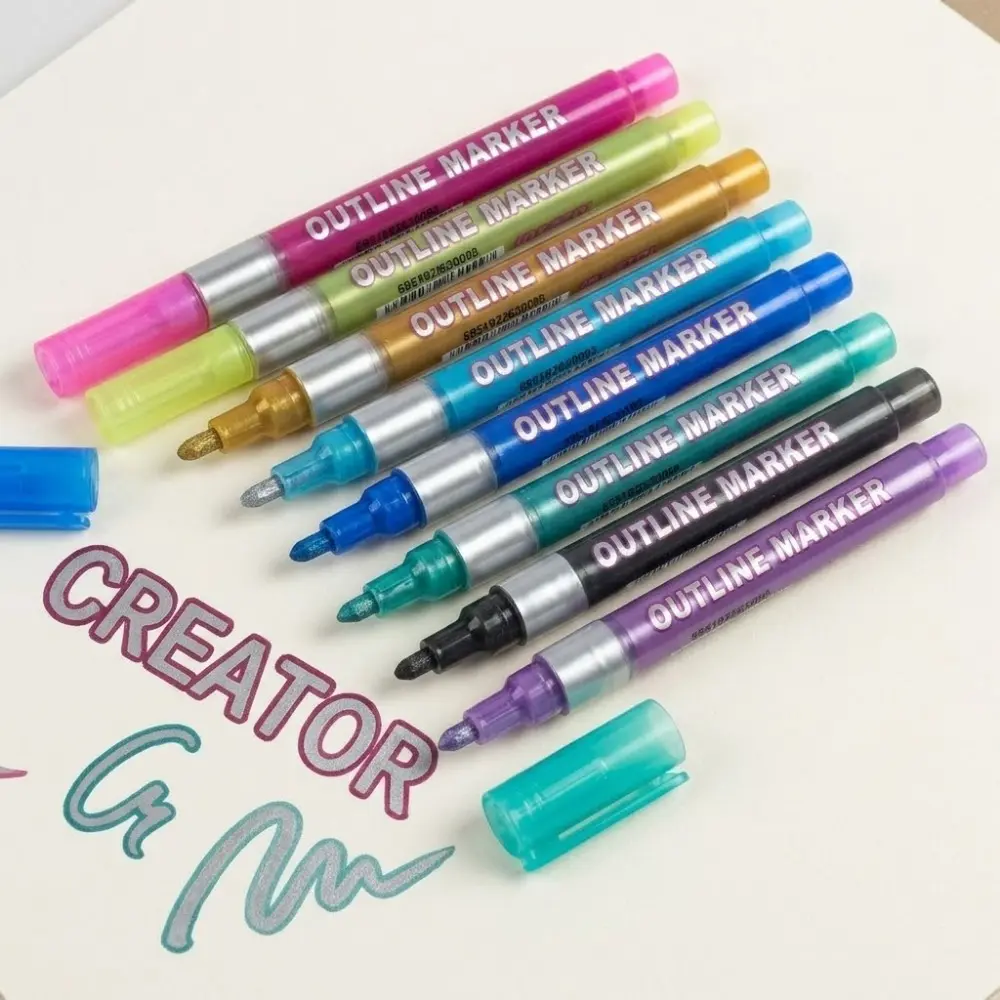 8-Color Metallic Dual-Tip Art Markers Set, Smooth Dual Brush Pens for Scrapbooking, Greeting Cards, Hand Lettering, Anti-Fading Metallic Colors, No-Skip Outline Drawing Tools