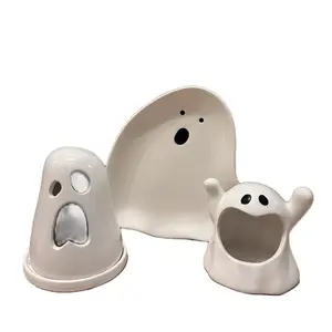 Adorable Ghost Ceramic Candle Holder, Sponge Holder & Plate - Soft White Design for Soap