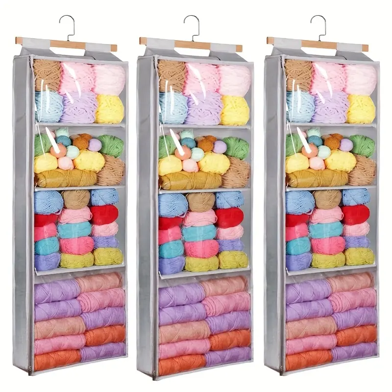 A Hanging Yarn Storage Bag with 4 Large Pockets, a Transparent Knitted Storage Box, Featuring a Zipper Design, Suitable for Crochet Enthusiasts. It Includes a Hanging Yarn Rack with Hooks for The Door, Allowing for The Storage of Knitting Needles, Hooks,