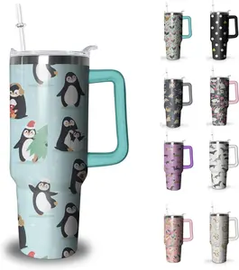 Cute Penguin Tumbler with Handle and Straw, 40 oz Stainless Steel Insulated Cup with Lid and Straw,Travel Coffee Mug Water Bottle, Birthday Christmas Mothers Day Gifts for Animal Lovers Women