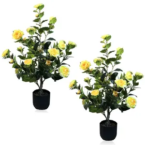 Flower Sea 2 pcs Artificial Camellia Tree Potted Plant with Decorative Flower Pot, 24 Realistic Flowers, 188 Leaves, Suitable for Indoor & Outdoor Use