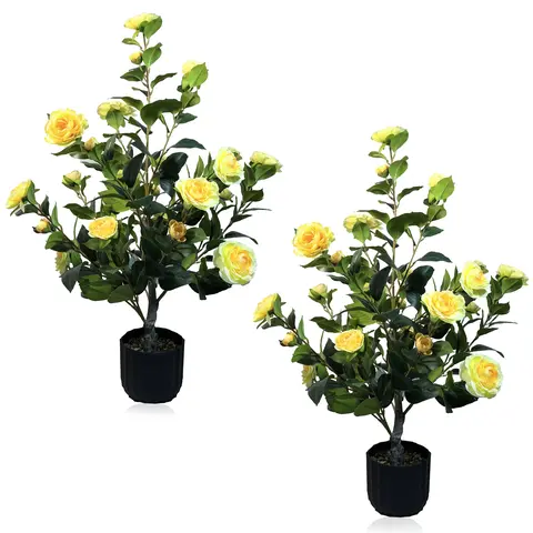 Flower Sea 2 pcs Artificial Camellia Tree Potted Plant with Decorative Flower Pot, 24 Realistic Flowers, 188 Leaves, Suitable for Indoor & Outdoor Use