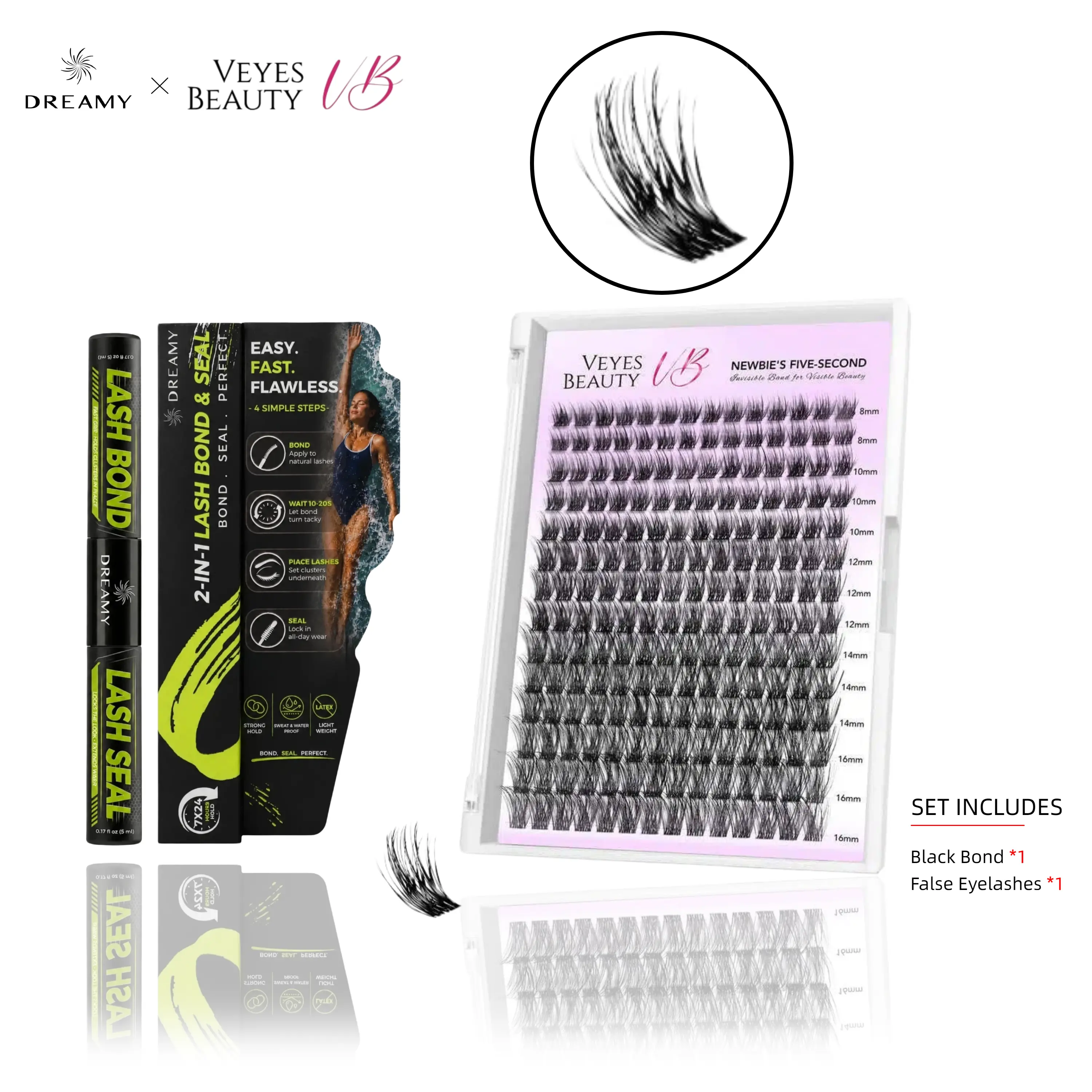 DREAMYBOND Cluster Lashes with 2-in-1 Sports Bond & Seal Lash Glue – Waterproof Long-Lasting Eyelash Adhesive Kit for Individual Lash Clusters, DIY Lash Extensions