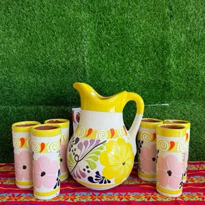 Decorated Clay Pitcher Amarillo Set.