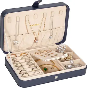 Small Travel Jewelry Box for Women Girls, PU Leather Portable Jewelry Organizer Storage Holder for Ring Earrings Necklace Brooch, Ideal Gift for Men Kids, Dark Blue