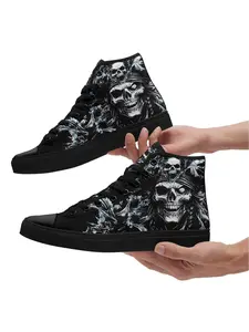Men's Casual Skull High Top Closed Shoes, Cool Gothic Sneakers with Bold Symmetrical Skull Prints, Comfortable and Stylish for Streetwear and Daily Wear