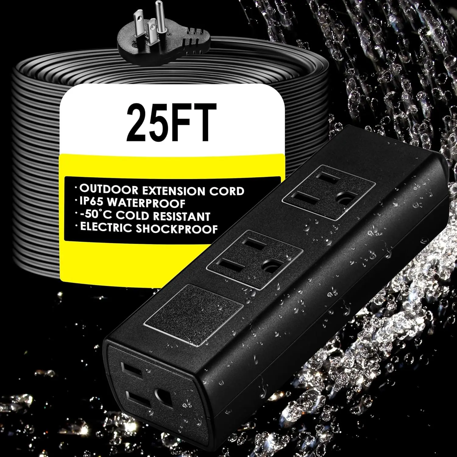 Outdoor Power Strip Weatherproof, 25FT Heavy Duty Outdoor Extension Cord - 3 Outlets -  Surge Protector, Shockproof Overload Protection Electrical Outlet, Industrial/ Power Strip