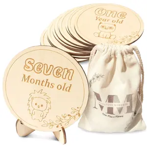 Milestone Moments Baby Milestone Cards 16 Pc Newborn Photography Prop Set Cute Boy Girl 1st Memory Keepsakes Natural Wood Discs Storage Bag for Monthly Tracking
