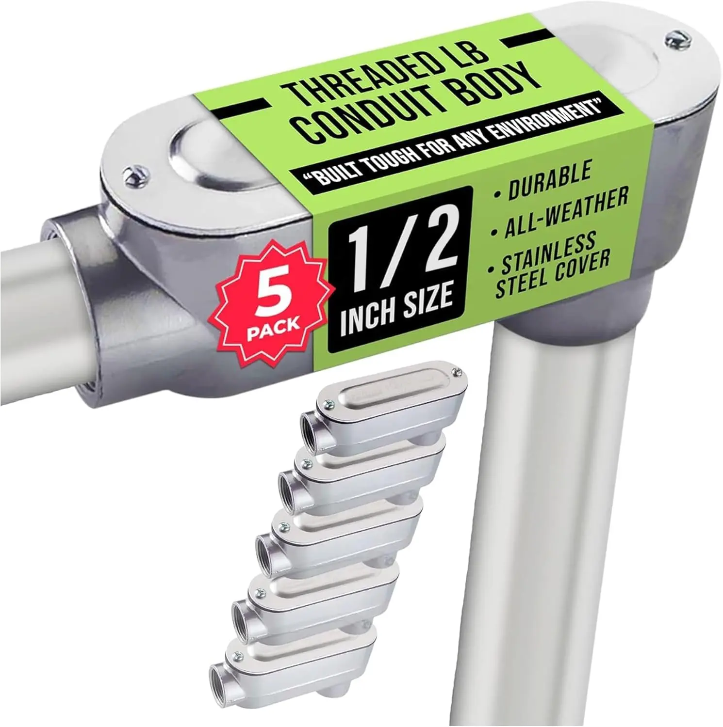 SELECT 5 Pack Lighting Rigid Type Threaded LB Type Conduit Body, Standard Fitting, Aluminum Body with Stainless Steel Cover and Neoprene Rubber Gasket, 1/2-inch