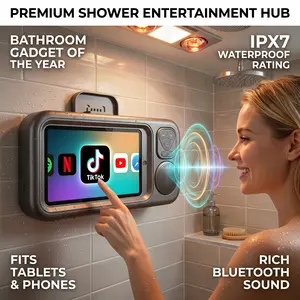 Bathroom Shower Phone Stand with Bluetooth Speaker, IPX7 Waterproof Touch Screen 360° Rotation Wall Mount Phone Holder