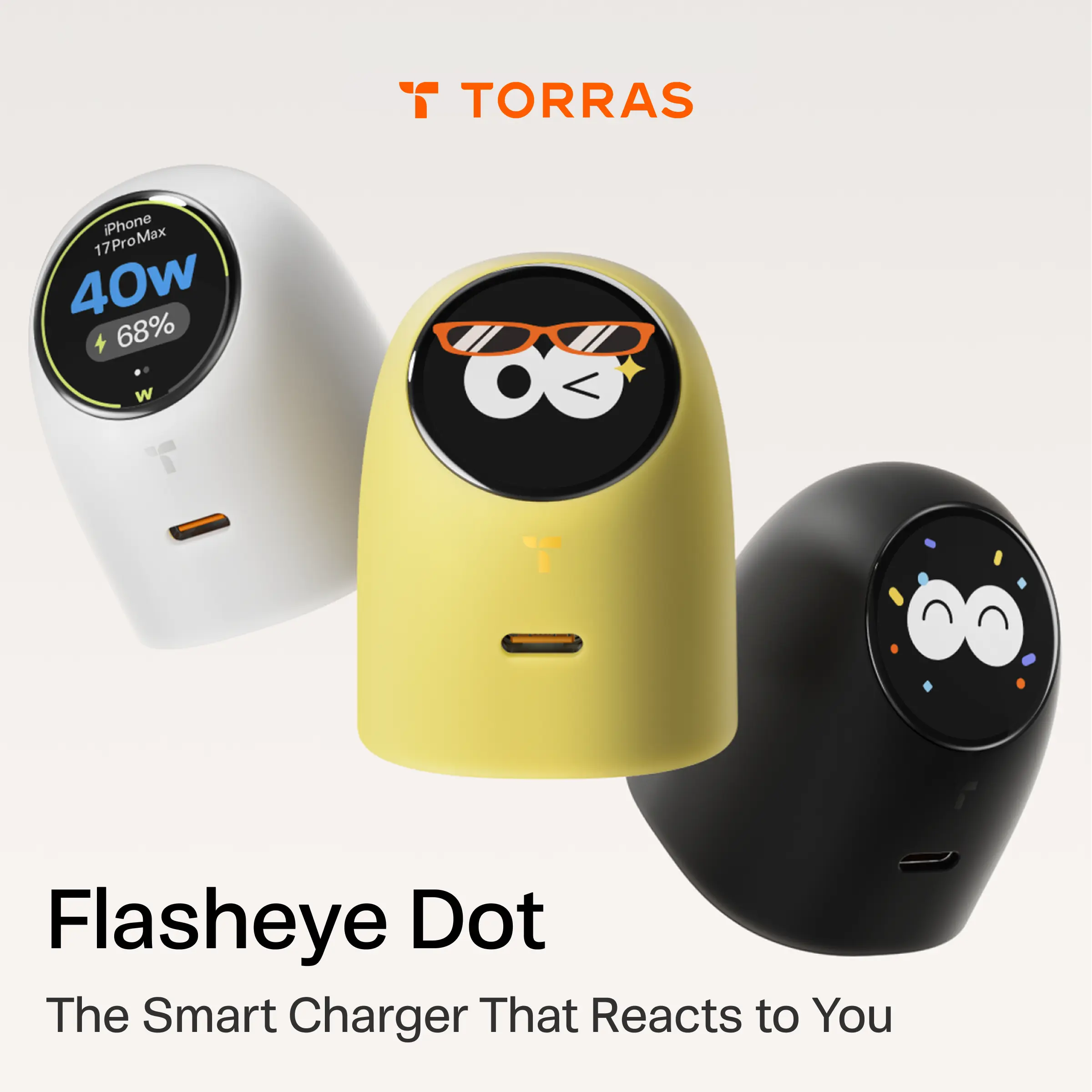 TORRAS Flasheye Dot Smart Display Charger 45W USB-C PD Fast Charger with Interactive Screen, Device Recognition, Battery Status Display, iPhone 17 16 15 14 Pro Max, iPad, MacBook, Compact Desk Charger with Foldable Plug, BackToSchool