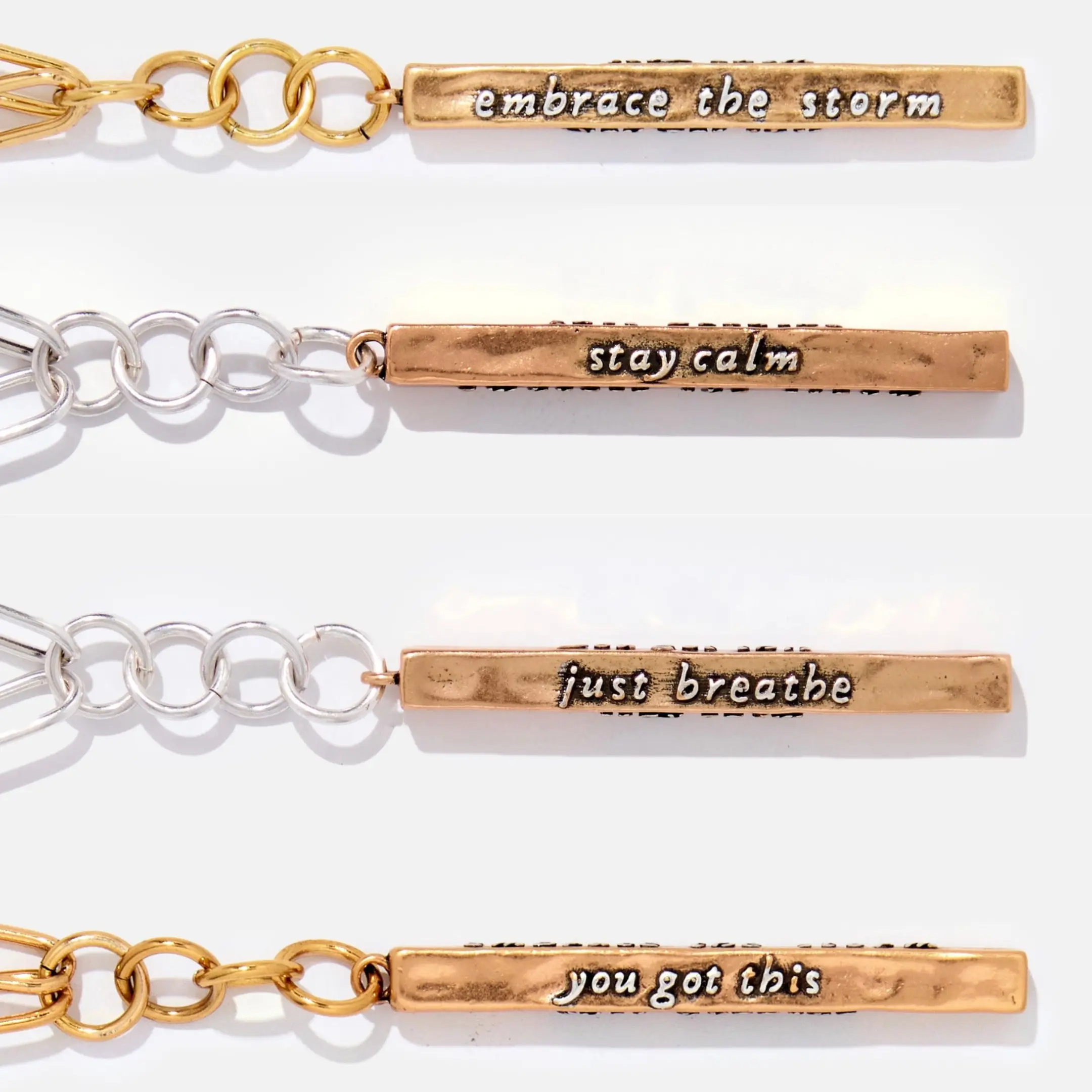 KATIA DESIGNS Stay Calm Klink Female Necklace - Mix Metal 2-Tone Gold Silver Finish Paperclip Chain, 46" Brass Chain with Magnetic Clasp, 4 Inspiring Messages Pendant, Jewelry Inspo for Necklace Layering, Gold Jewelry Aesthetic