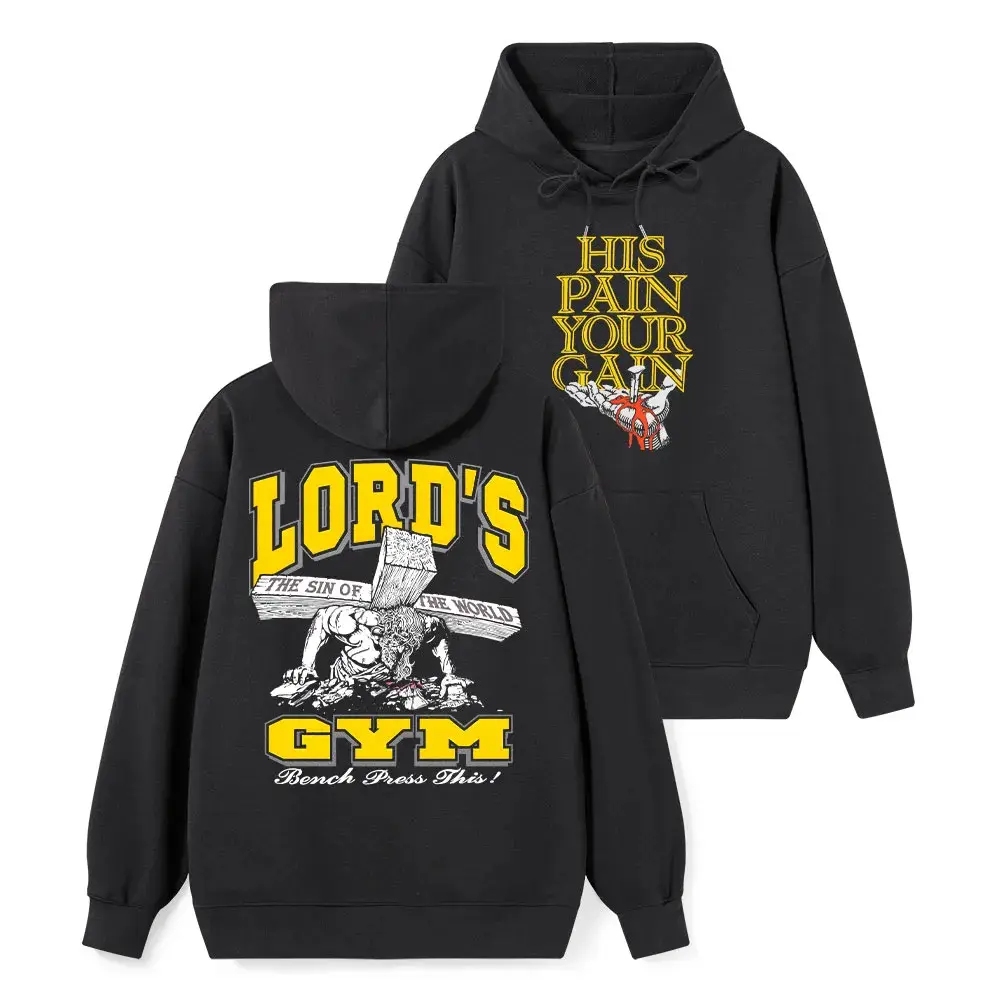 Workout Faith Hoodie “Bench Press This” Cross Lifter Front & Back Graphic Black Oversized Pullover