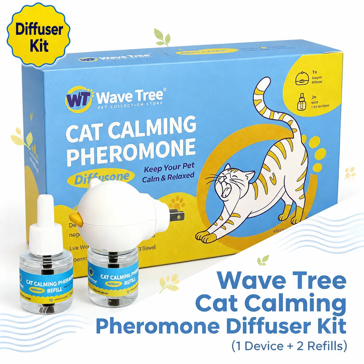 WaveTree 60-Day Cat Calming Diffuser - Helps with Stress, Pee Spraying, Aggression, Cat Fighting, Excessive Meowing & Scratching - 60-Day Refill Included - TikTokShopBackToSchool