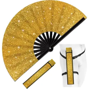 13'’ Large Rave Fan for Men Women, Rave Essentials, Decorative Glitter Folding Hand Fan with Holster for Party, Home Decoration, Gift, Music Festival, EDM Rave Accessories (Glitter Golden)