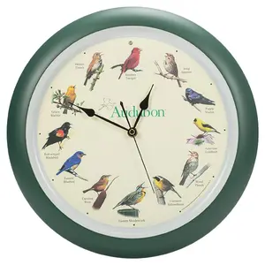 Singing Bird Sound Wall Clock with 12 Nature Bird Songs, 13 Inch Green Decorative Wall & Table Clock, Smart Light Sensor, Battery Operated Relaxing Home Decor
