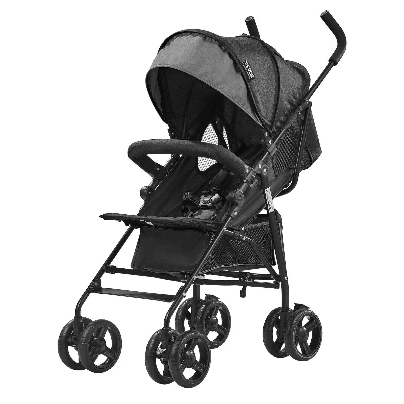VEVOR Lightweight Travel Push Stroller, Compact Easy-Fold Design, Adjustable Backrest, Cup Holder, ft Brake, 5-Point Harness, EVA Tires, Dark Gray/Black
