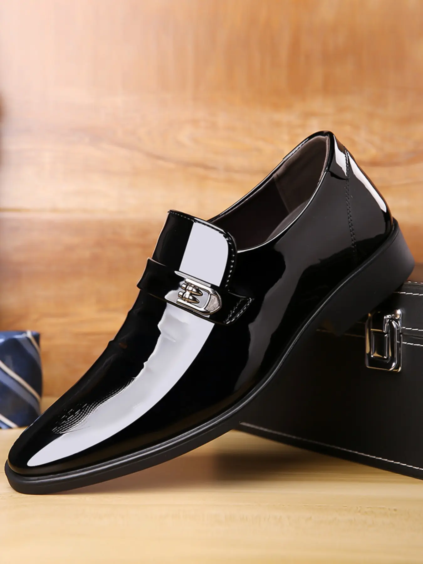 Men's Shiny Business Leather Shoes with Metal Buckle Slip-On Formal Footwear, Microfiber Upper Rubber Sole All Season Wear Formal Dress Shoes, Business style shoes