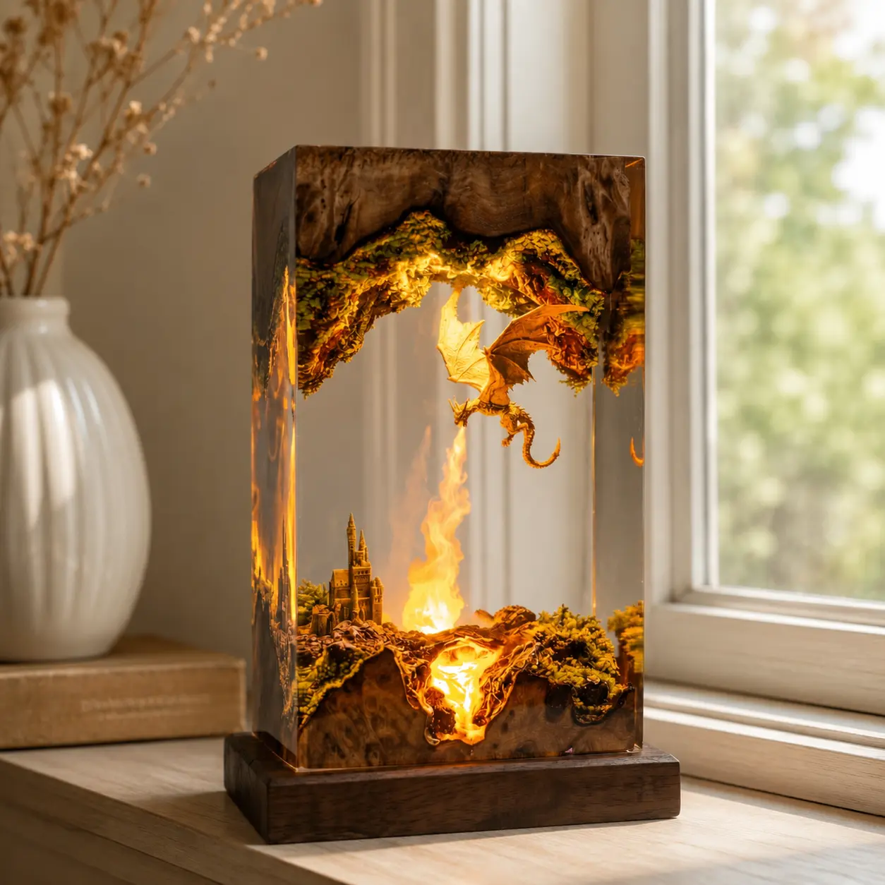 Handmade Dragon Resin Table Lamp - Flying Dragon Castle Diorama with Wooden Base, Artisan Resin Craft Sculpture, Unique Home Decor, Collectible Fantasy Art Gift