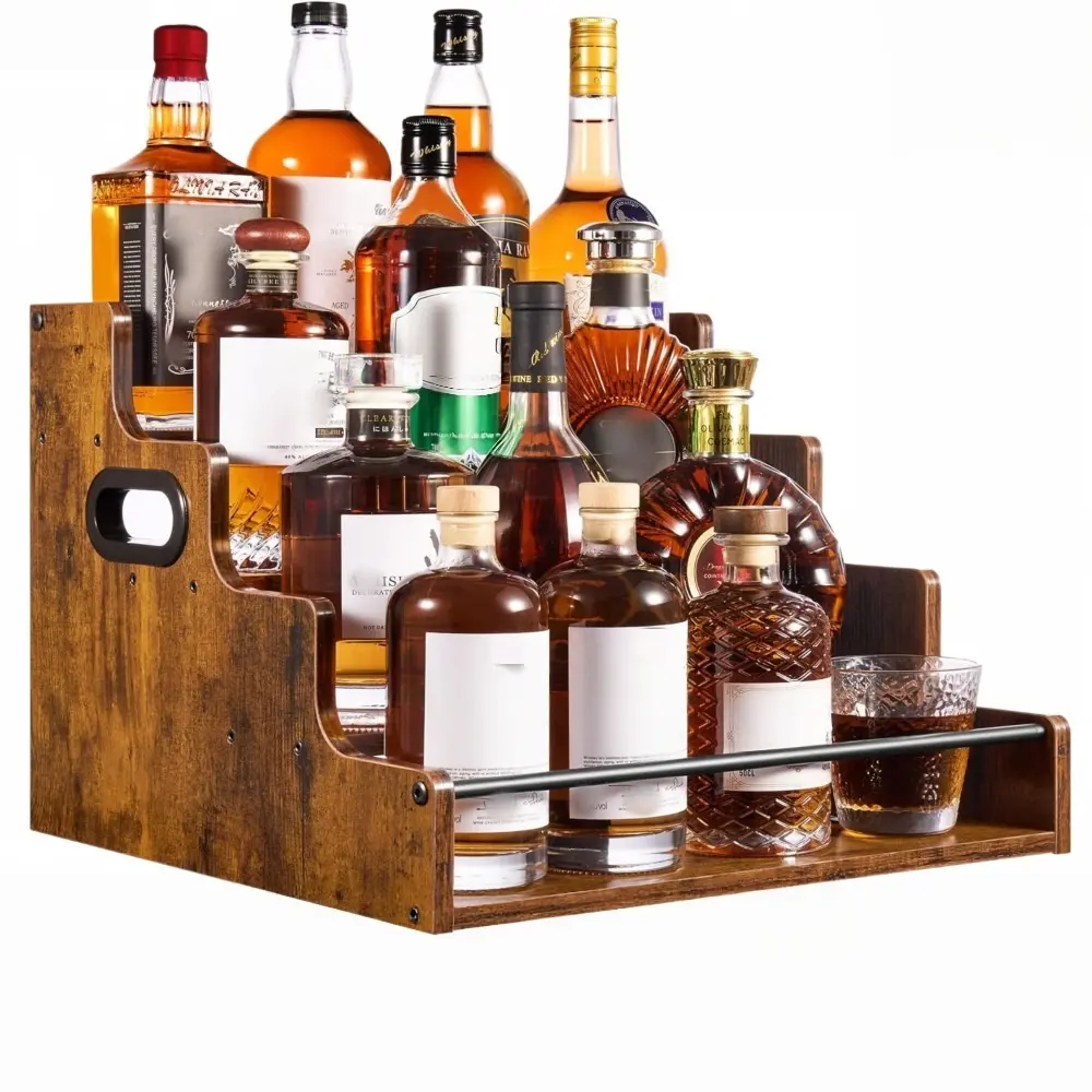 4-Tier Heavy-Duty Rustic Wood Space-Saver Shelf with Handles, Multi-Purpose Organizer for Wine Bottle Display, Spice Storage in Home Kitchen Bar