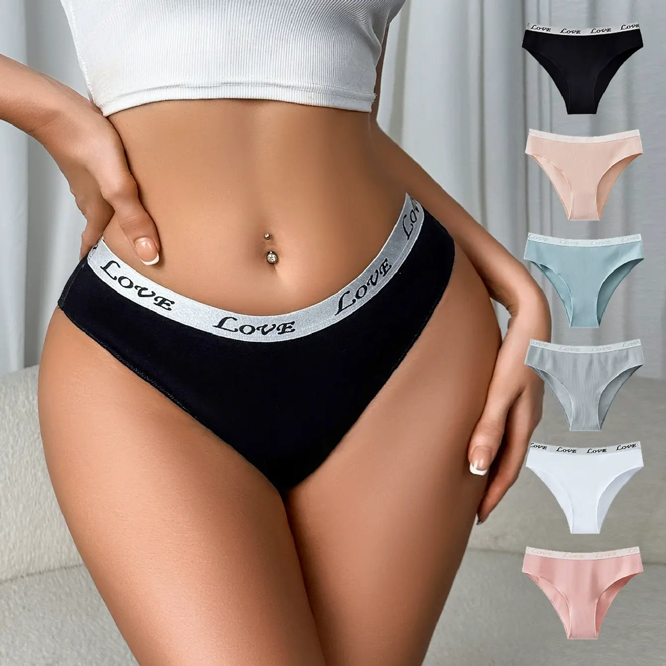 6pc women's pure cotton panties, mid-waist letter print women's briefs, white and black panties, plus size, butt-lifting, breathable