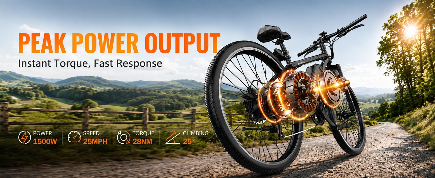 Electric Mountain Bike 26 Tires 1500W Motor 576Wh Removable Battery 25MPH Max Speed 65 mi Range UL2849 Certified Front Suspension Dual Brakes LED Lights