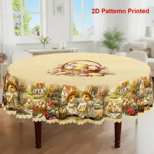 1pc, Easter Themed Party Tablecloth, Spring Summer Rabbit Garden Colored Eggs Rose Floral Printed Design, Rectangular/Round/Oval Table Cloth, Embossed Edges, Suitable For Picnic Dinner Kitchen Dining Room Decoration, Party Decoration Supplies