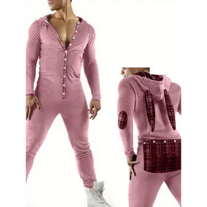 Men Long Sleeve Ears Hoodie Bodysuit with Button Collar and Openable Hip Autumn Casual Jumpsuit One Piece Zip Up Tracksuit Men Jogger Pants Sets