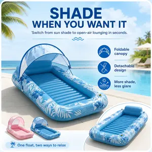 Inflatable Pool Lounger Float with Canopy, 208x130x20cm/82x51x8in Pink PVC Recliner Raft, Foldable Floating Bed with Pillow, Cup Holder & Water Spray Feature, Amphibious Sunbathing Pool Float for Adults, Beach, Lake, Backyard & Summer Pool Party